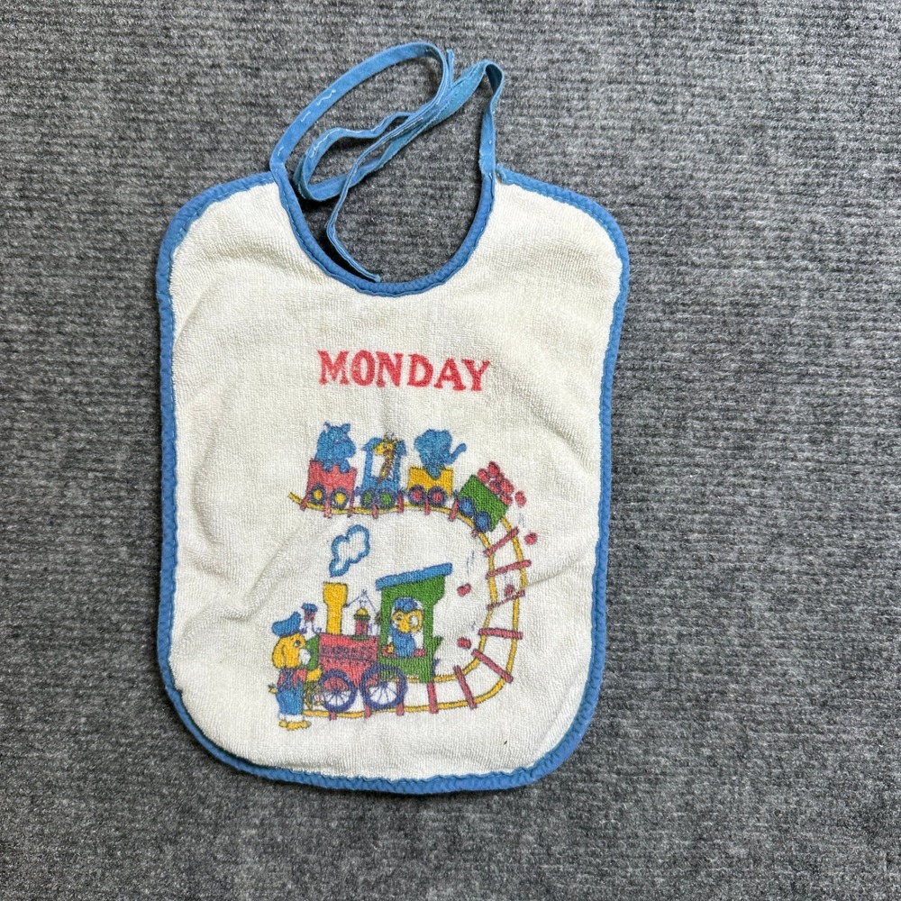 Vintage Monday Baby Bib Animal Train Terry Cloth Blue Trim Tie Closure